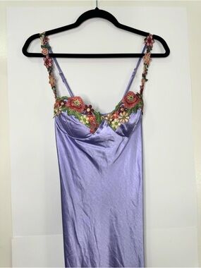 Lavender Satin Slip Dress with Floral Embroidered Trim